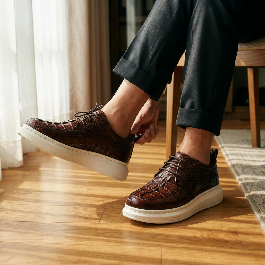 Sneaker da cá sấu nguyên tấm, điểm nhấn da đuôi GTT-D02 khi mang